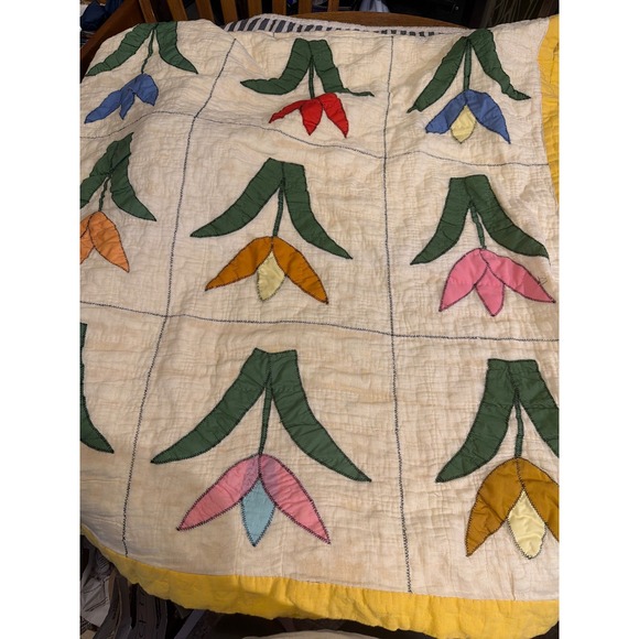 Handmade Other - Vintage Handmade Tulip Floral Applique Quilt Yellow Backing Farmhouse Cotton